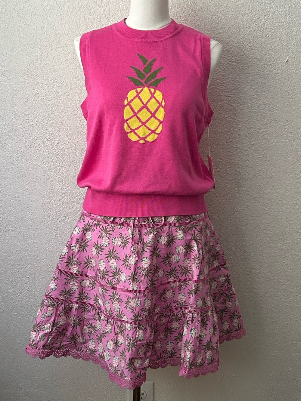 Free Assembly Size L Pink Pineapple sweater Vest and Skirt Set Back to School